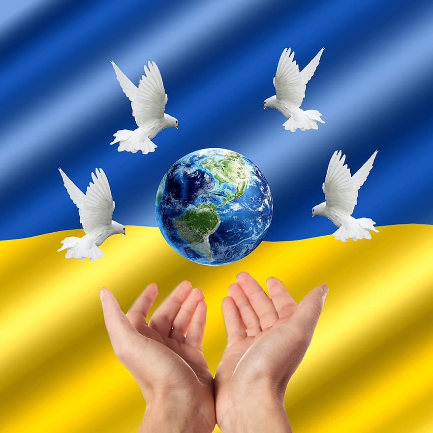 vrede, wereldvrede, Oekraïne, Oekraïne vlag, vliegend, wereldkaart, planeet, ruimte, blauw, bezit, symbool