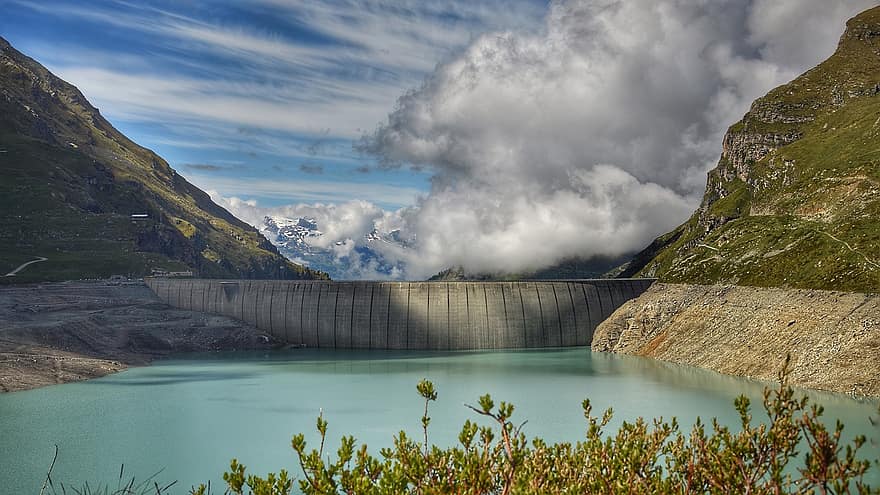 Reservoir, Dam, Lake, Building, Mountains, Landscape, Alpine, Artificial, Clouds, Switzerland, Moiry Reservoir