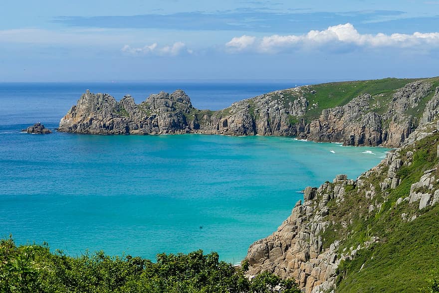 hav, natur, udendørs, rejse, udforskning, Porthcurno, Cornwall, lagune, klint, kystlinje, blå