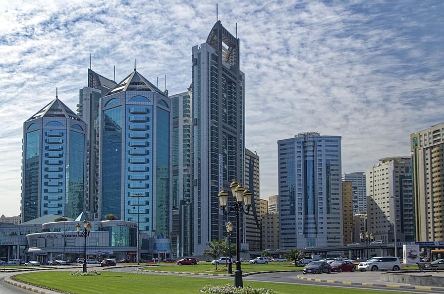 u a e, Sharjah, miestas, dangoraižis, dangoraižiai, dangus, debesys, architektūra