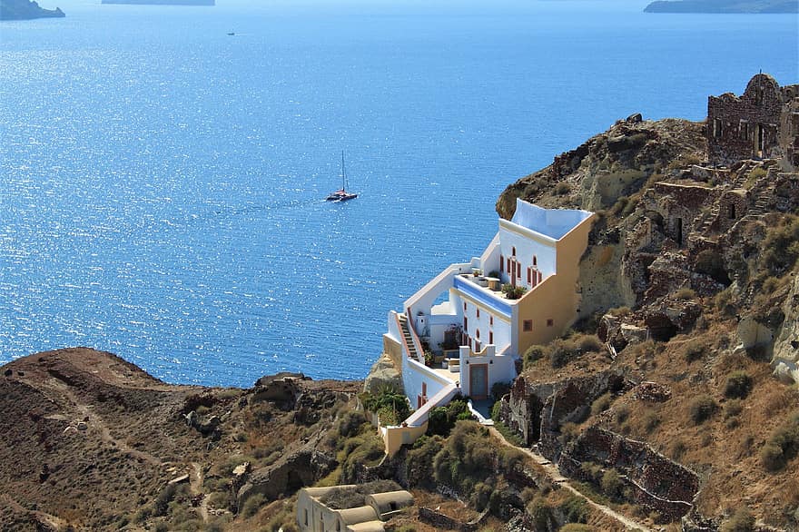 budynek, morze, architektura, Santorini, Grecja, grecki, śródziemnomorski, Europa, turystyka, lato, Cyklady