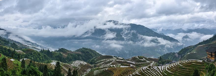 Китай, Longji, террасные поля, рисовые террасы, Longsheng, пейзаж, почва, деревня, облака, туман, горы