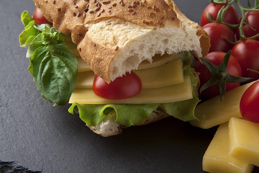 сэндвич, быстрое питание, сыр, чеддер, помидор, хлеб, презентация, вкусные, еда, питание, свежесть