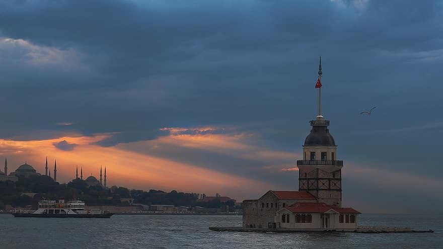 jomfruens tårn, hav, solnedgang, Üsküdar, istanbul, Tyrkia, tårn, øy, historisk, landemerke, bygning