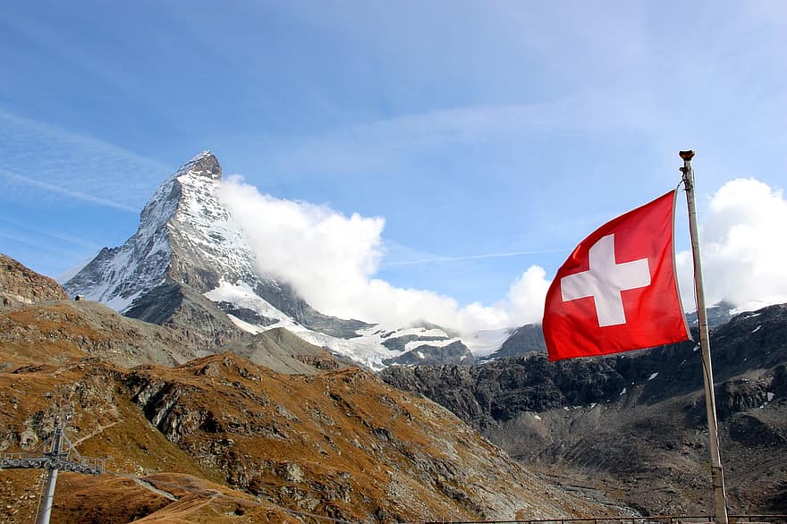 Mountains, Snow, Swiss Flag, Summit, Glacier, Peak, Alpine, Matterhorn, Nature, Alps, Sky