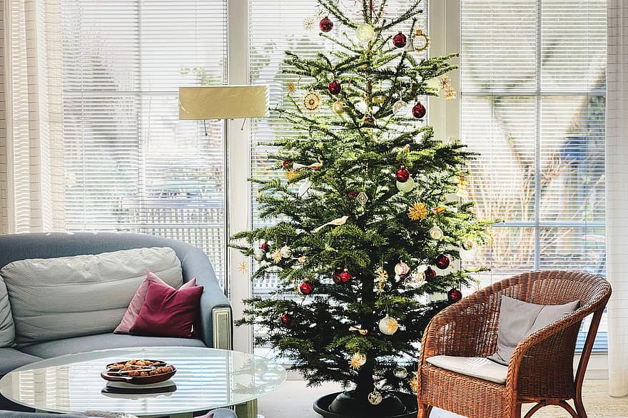 juletræ, dekoration, indendørs, jul, stue, stol, lampe, bord, sofa