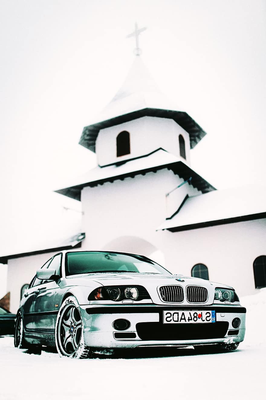 BMW 46, voiture, neige, véhicule, auto, voiture de luxe, église, bâtiment, en plein air, hiver