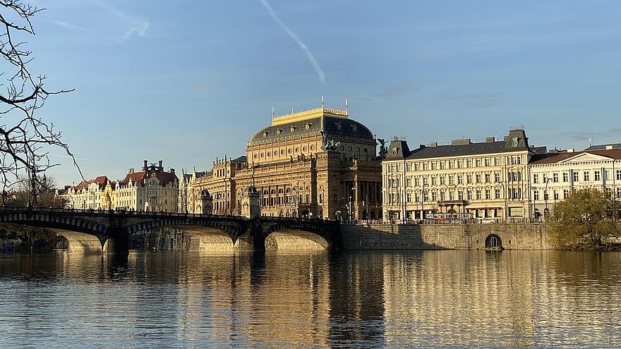 Theater, River, Bridge, Building, Architecture, City, Europe, National, Historical, Sky, Prague