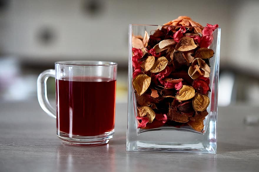 чай, халба, червен, цвете, стъкло, чаша, питие, боке, заден план, сух