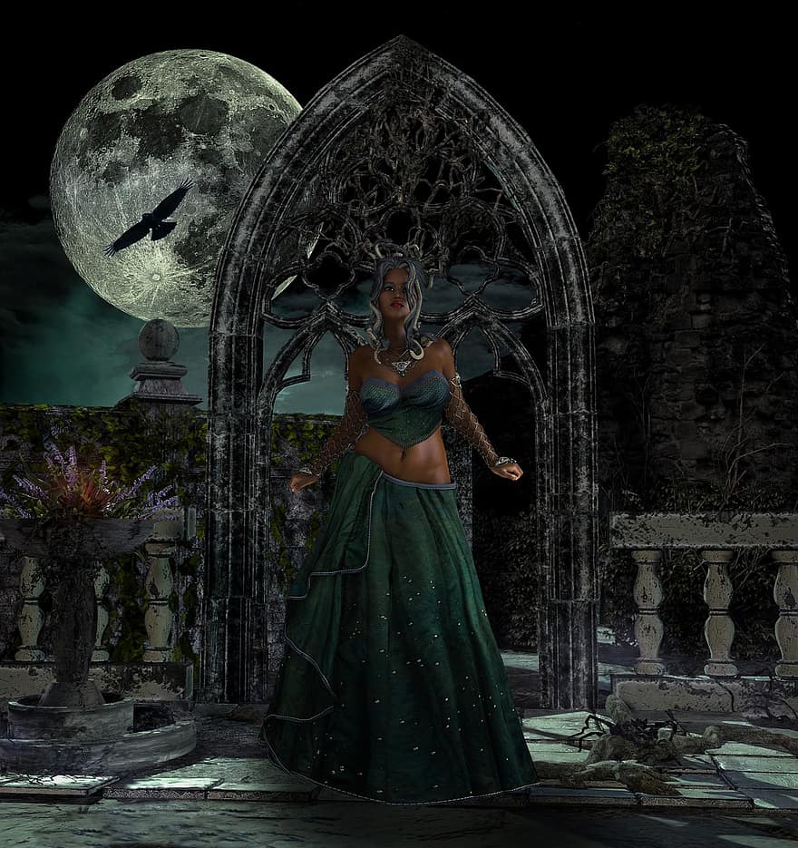 Fantasy, Medusa, Night, Moon, Balcony, Arch, Woman, Full Moon, women, cultures, dress