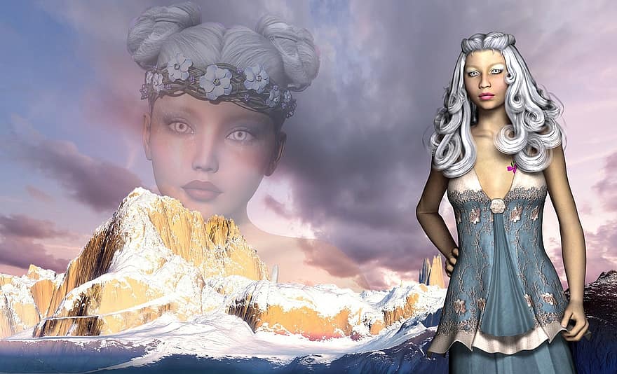 ledová královna, žena, fantazie, vlasy, zamrzlý, nebe, bílý, zimní, královna, Studený, dívka