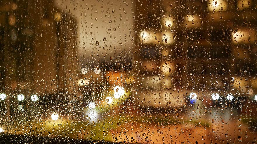 vatten, droppar, fönster, regn, klimat, väder, makro, reflexion, våt, stad, lampor