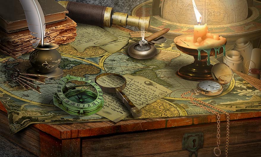 historia, viaje, mapa, navegación, geografía, antiguo, luz de una vela, vela, telescopio, vendimia, globo