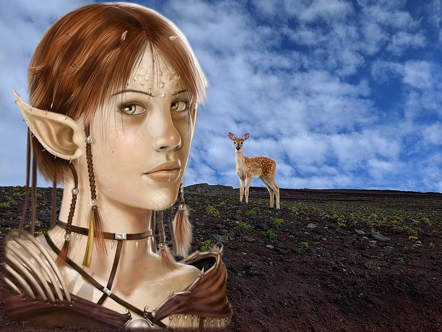 Background, Mountains, Elf, Deer, Fantasy, Female, Character, Digital Art