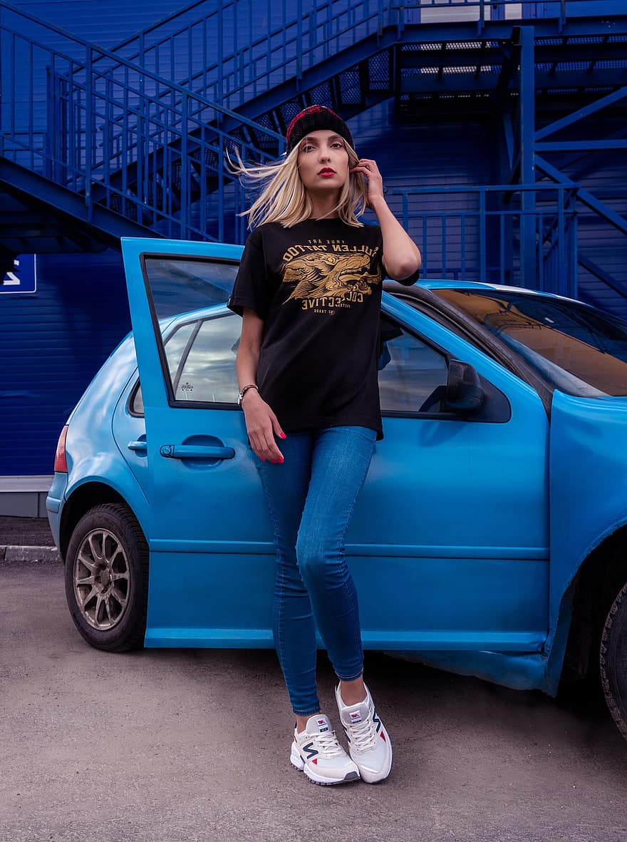 Woman, Young, Model, Car, Volkswagen, Golf, Blonde, Lady, Pose, Casual, Outfit