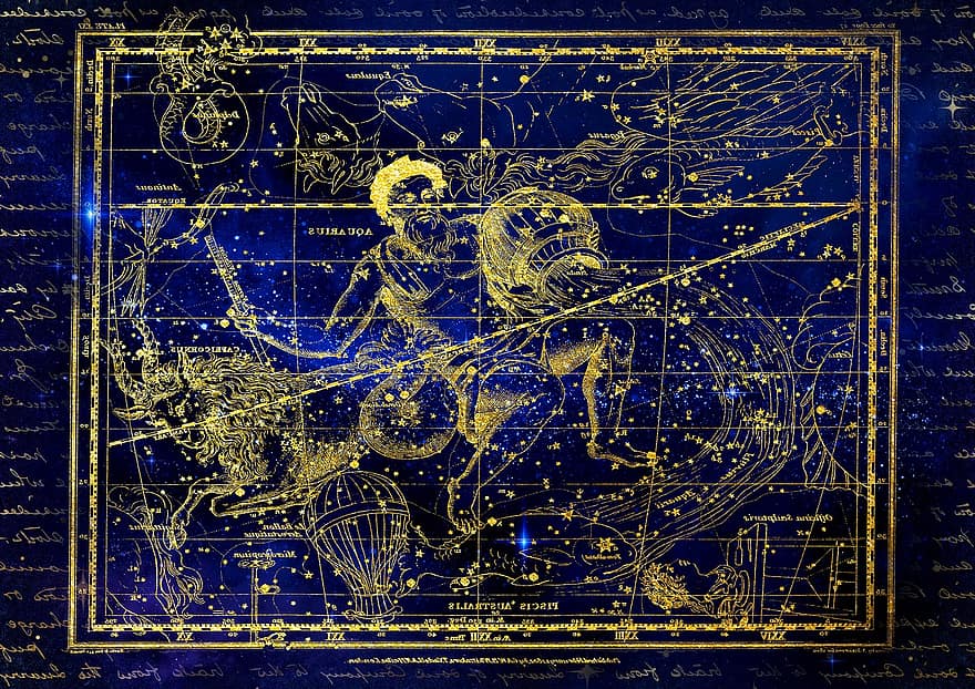 constellation, Capricorne, Verseau, signe du zodiaque, ciel, ciel étoilé, Alexandre Jamieson, anniversaire, carte de voeux, Atlas des étoiles, horoscope