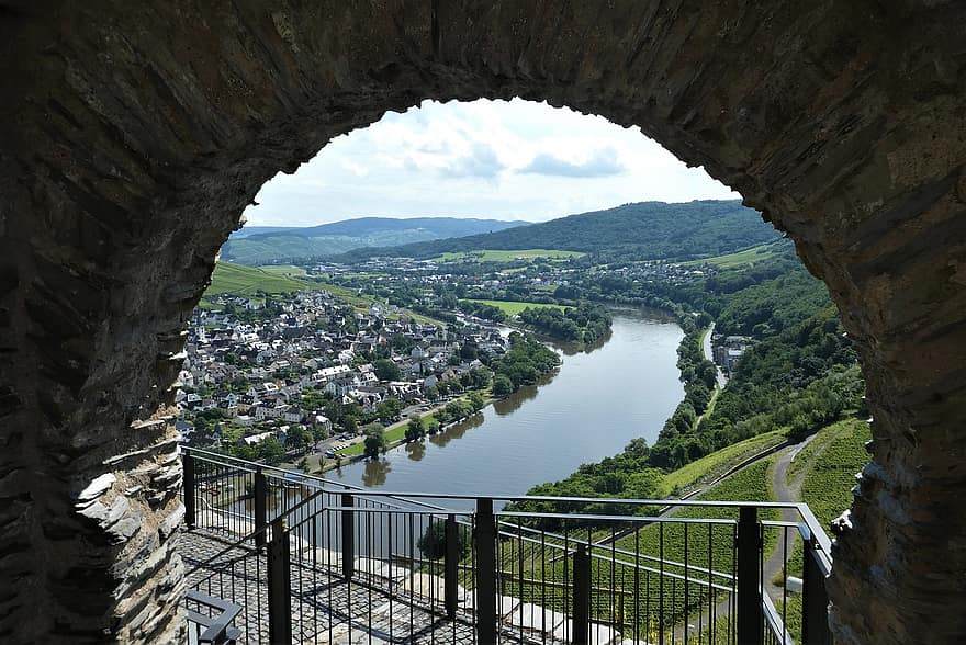 zřícenina hradu, řeka, Moselle, záblesk, Německo, panoráma, krajina, voda, bernkastel, architektura, letní