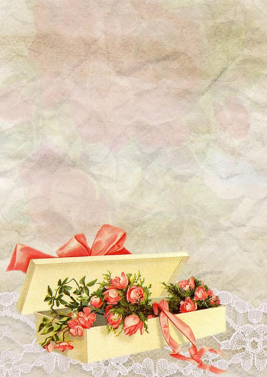 उपहार, डिब्बा, उपहार बॉक्स, पुष्प गुच्छ, पृष्ठभूमि, विंटेज, फीता, गुलाबी, गुलाब का फूल, सरूप, डिज़ाइन