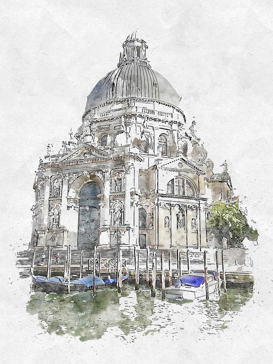 maamerkki, arkkitehtuuri, kirkko, katolinen kirkko, tervehdys, santa maria della salute, venetsialainen kanava, grand canal, kanava, Venetsia, Italia
