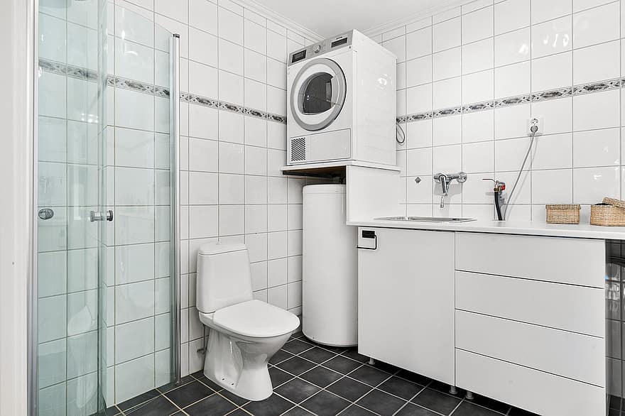 proprietate imobiliara, design interior, toaletă, mașină de spălat, decor