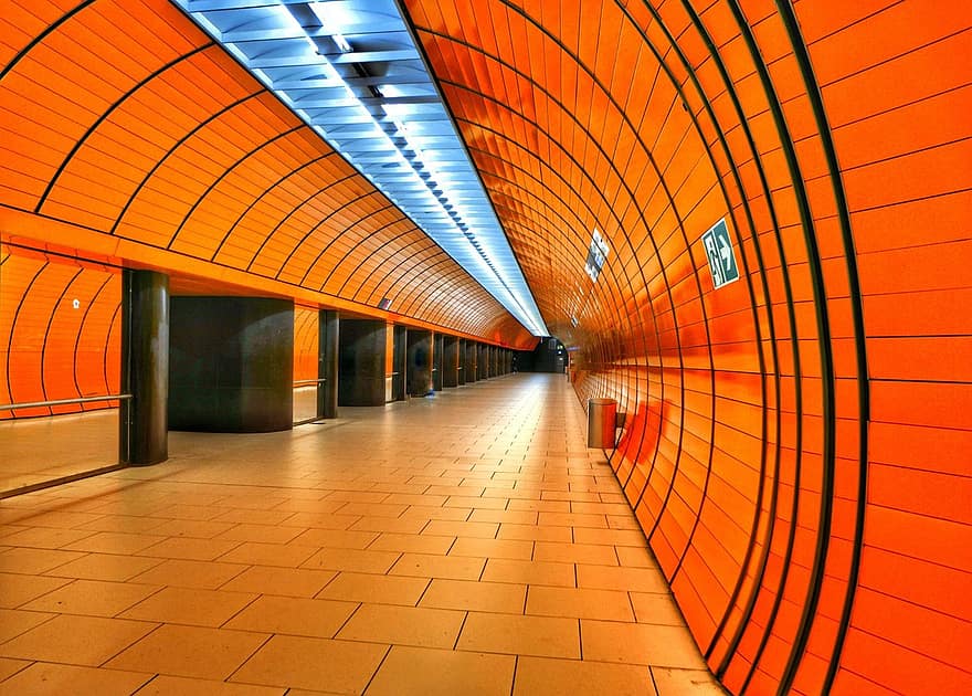 Monaco, tunnel, arancia, marienplatz, sottopassaggio, prospettiva, sistema di trasporto, vuoto, Baviera, Germania