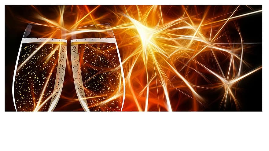 champagne briller, abut, lykønskningskort, champagne, kop, sektor, nytårsdag, nytårsaften, held, cirkel, punkter