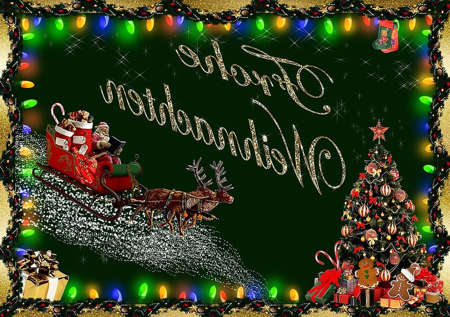 рождество, Рождественская открытка, рождественское приветствие, северный олень, горка, Дед Мороз, ель, зеленый