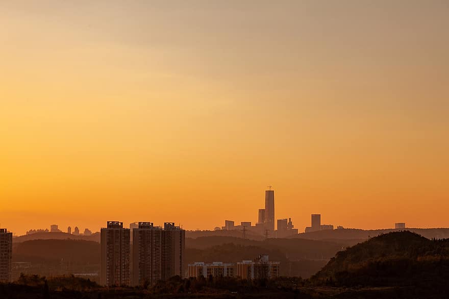 tusmørke, himmel, by, skyline, solnedgang, Guiyang, Guizhou, bygning