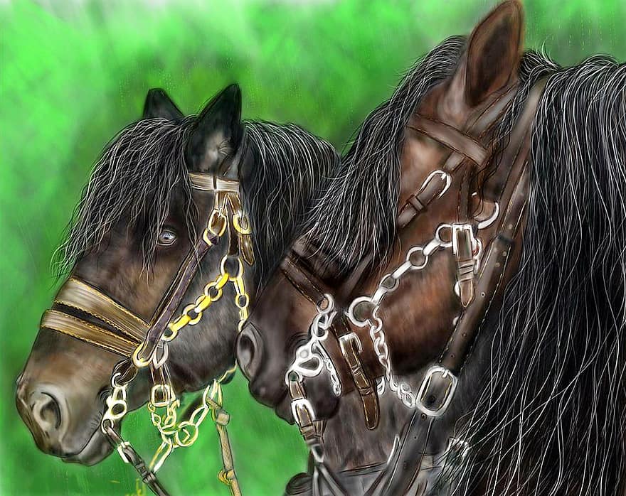 двойка, миграционен, коне, цифрови произведения на изкуството, живопис