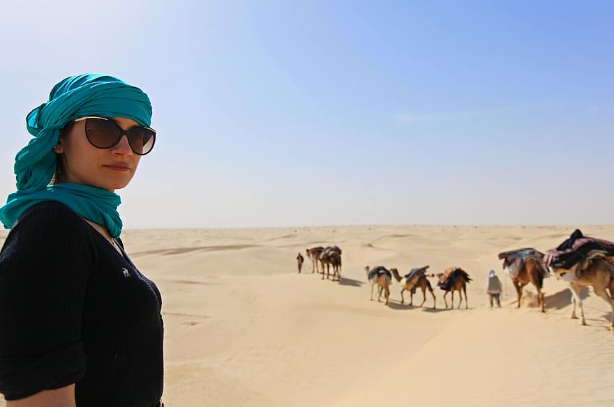 gurun, pasir, unta, perjalanan, tunisia, sahara, Afrika, bukit pasir, panas, petualangan, pemandangan
