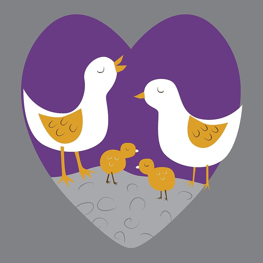 hjerte, fugle, familie, kort, kærlighed, kyllinger, Grå kærlighed