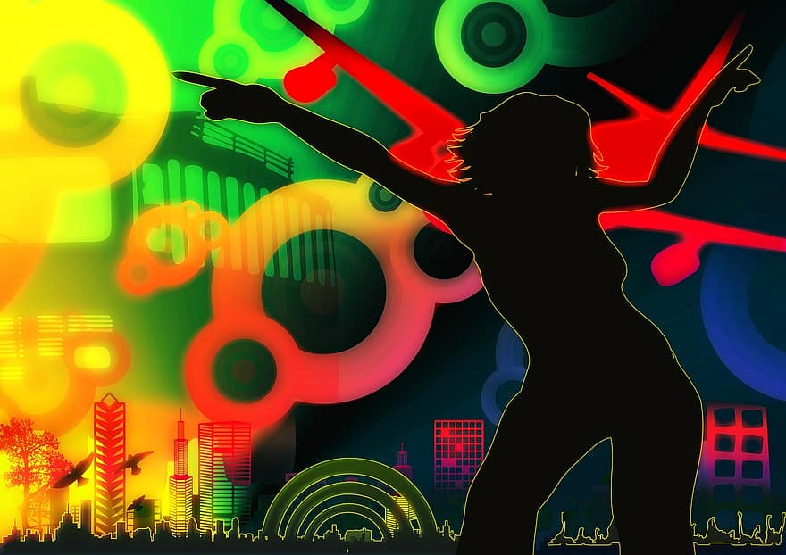 silhouette, fille, mouvement, saut, Danse, lumière, fête, disco, boîte de nuit, célébrer, danseurs