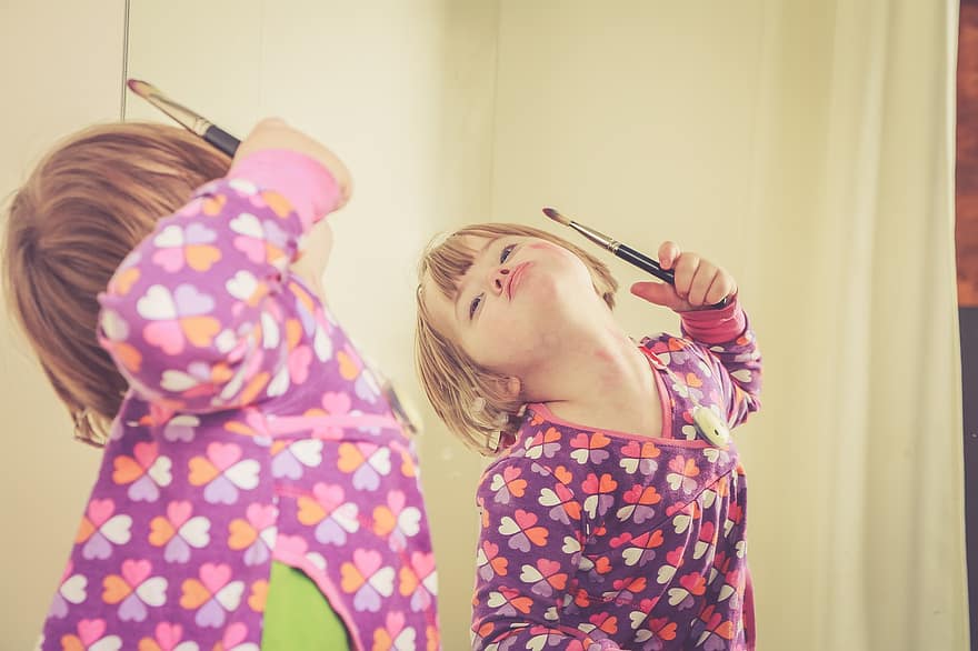 Girl, Down Syndrome, Make Up, Child, Mirror, Blonde, Little Girl, Happy, Hearing Implant, Curious, Adhd