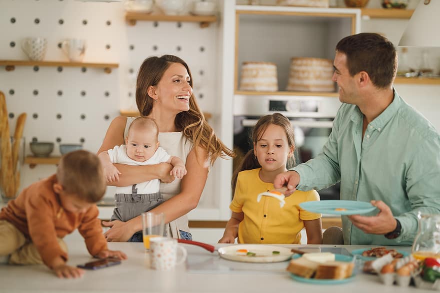 family, breakfast, table, kitchen, child, father, male, man, eating, bowl, morning