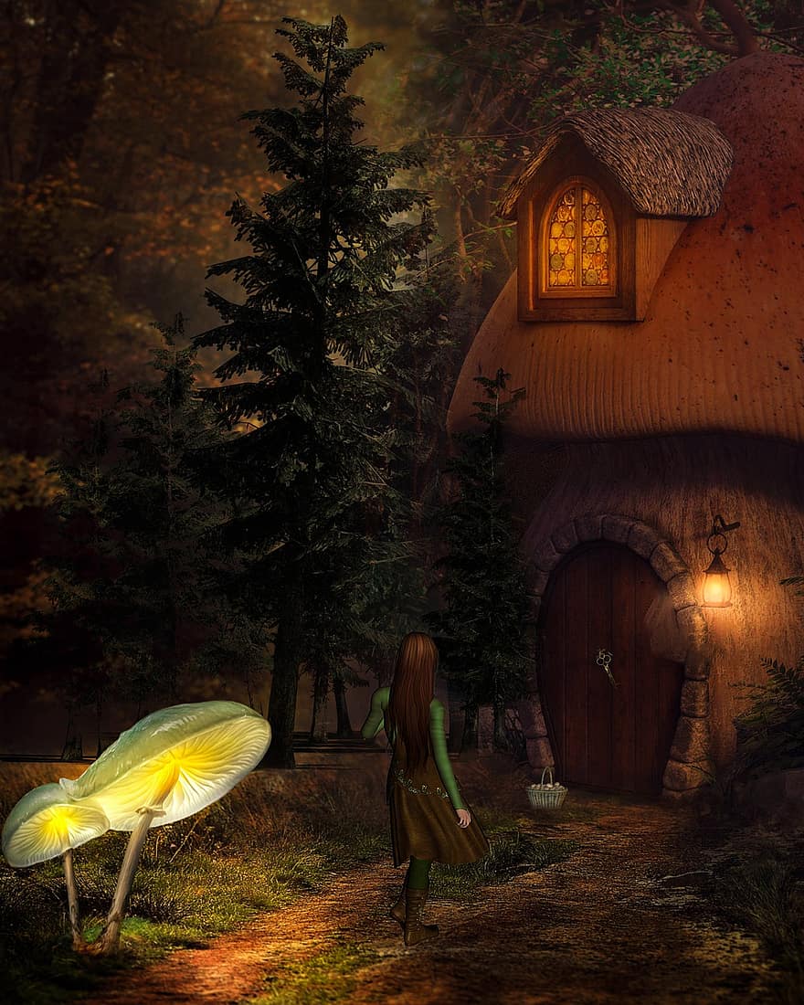 jamur, rumah, jendela, dongeng, pondok hutan, fantasi