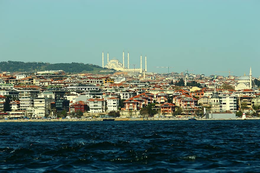 девическа кула, джамия, град, проток Истанбул, градски пейзаж, минаре, архитектура, вода, пътуване, известното място, външна сграда