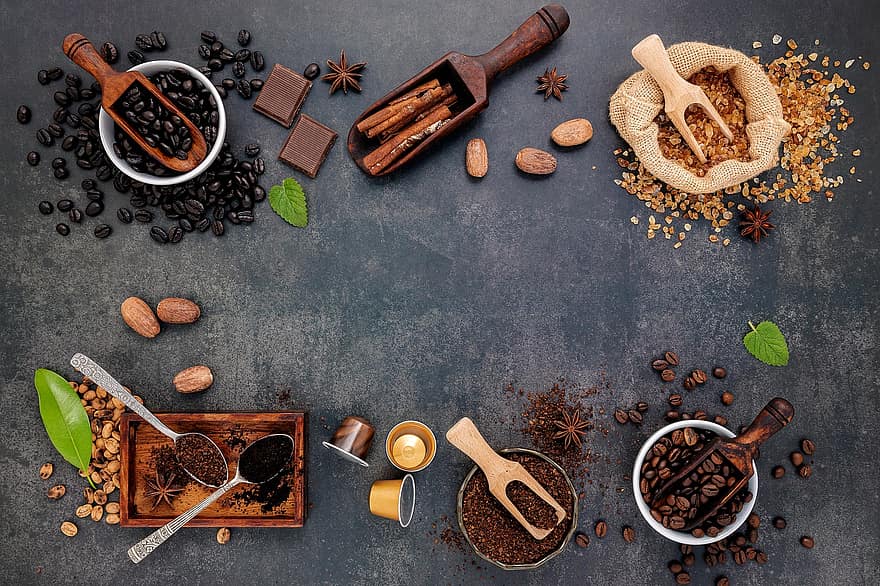 grains de café, pose à plat, Contexte, arabica, des haricots, sol, rôti, boisson, aromatique, caféine, cannelle