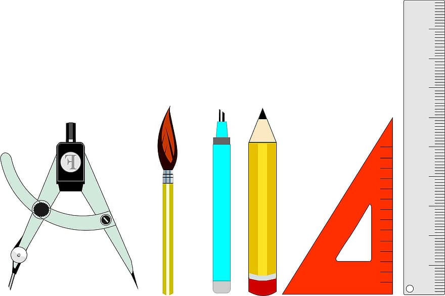 długopis, szczotka, kompas, ołówek, rysunek