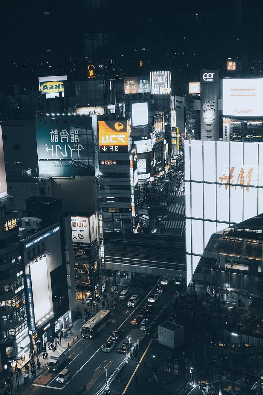 Shibuya, tokio, noche, Japón, paisaje urbano, rascacielos, vida en la ciudad, tráfico, exterior del edificio, coche, estructura construida