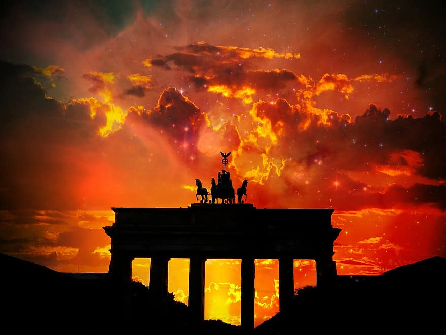 brandenburger tor, Βερολίνο, Γερμανία, πόλη, σύμβολο, ορόσημο, δραματικός, ουρανός, σύννεφα, πολύχρωμα, φύση