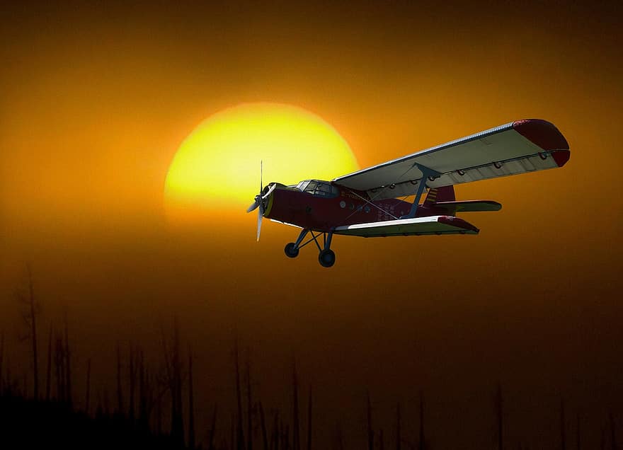 aeronave, ônibus de dois andares, avião de hélice, nascer do sol, por do sol, luz de fundo, vôo, oldtimer, folheto, viagem, velho