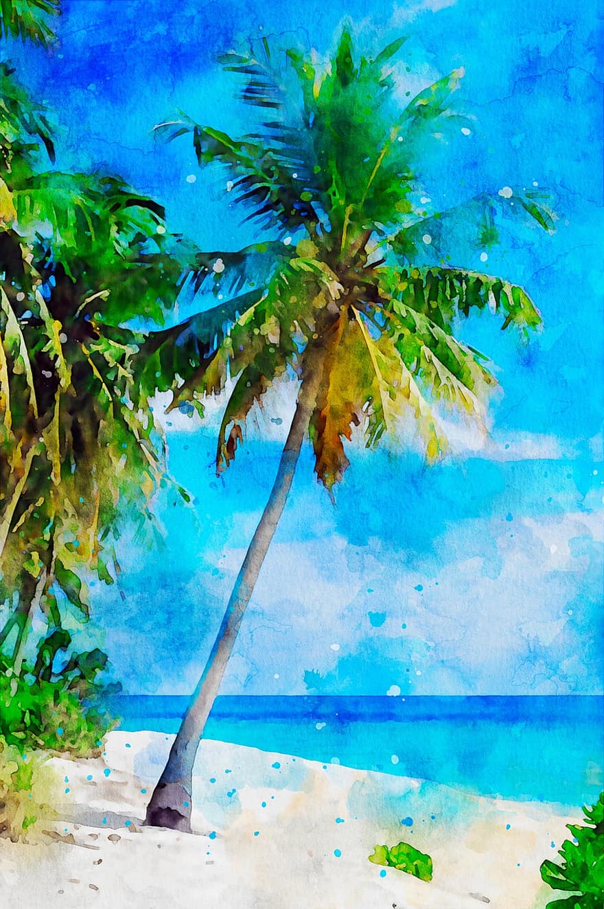 palma, pláž, malování, vodové barvy, Příroda, stromy, scénický, dlaň, tropický, oceán, moře
