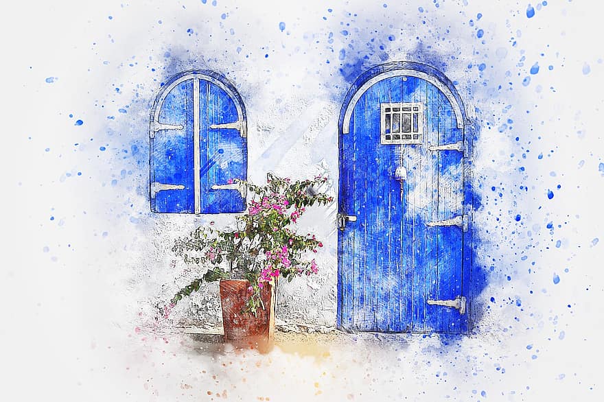 Door, Flowers, Nature, Art, Abstract, Watercolor, Vintage, Spring, Romantic, Artistic, Design
