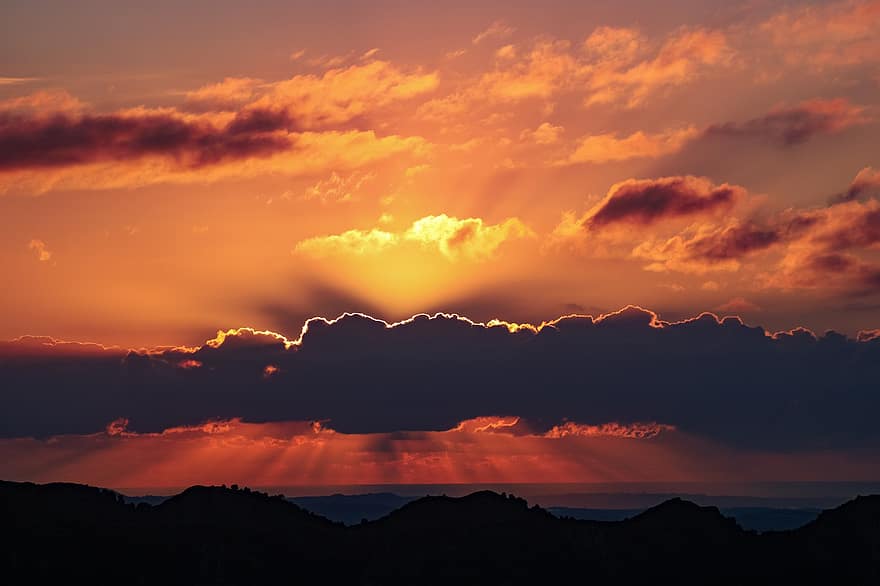 puesta de sol, silueta, paisaje, cielo, cielo nublado, nubes, naturaleza, Dom, horizonte, Murcia