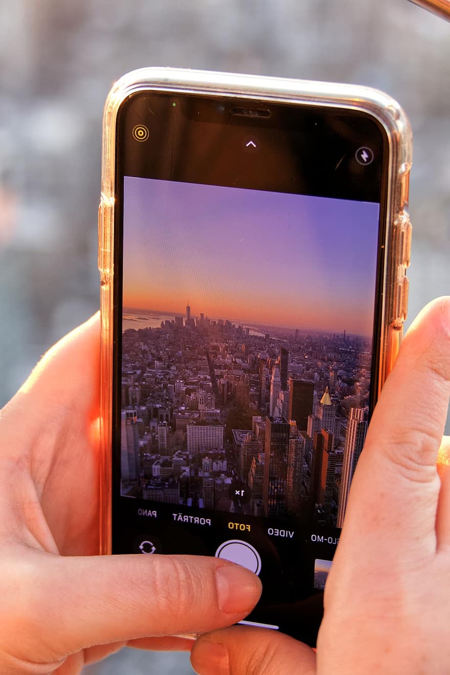mobile, smartphone, App, tramonto, telecamera, lente, Manhattan, America, Stati Uniti d'America