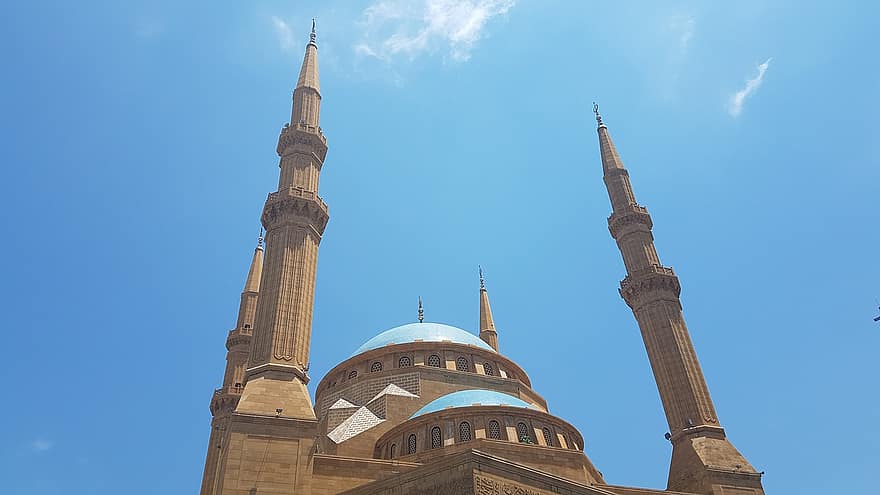 Meczet, minarety, architektura, fasada, budynek, zewnętrzny, Liban, niebo, islam
