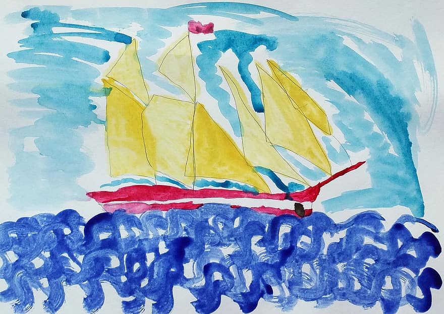 gambar bayi, samudra, cat air, pelayaran, lukisan, kapal, laut, gambar, gambar anak-anak, seni, berlayar