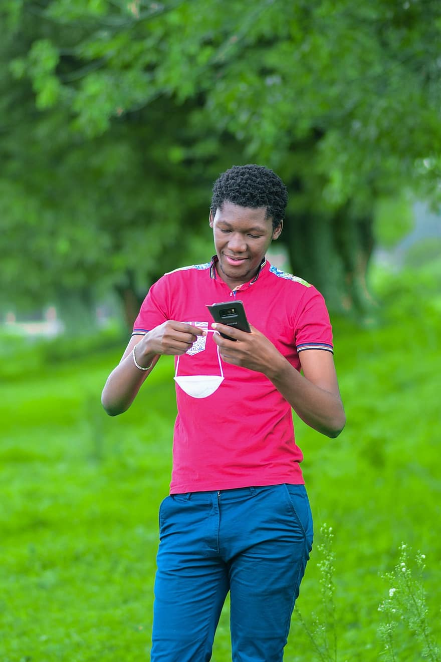 Man, Face Mask, Phone, African American, Male, Red T-shirt, Model, Fashion, Slim Fit, Outdoors