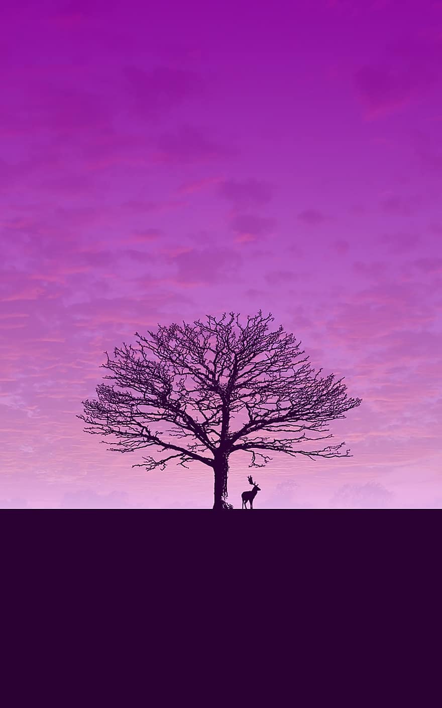 скачать, обои на стену, пурпурный, олень, небо, силуэт, дерево, фиолетовое небо, розовое небо, розовое дерево