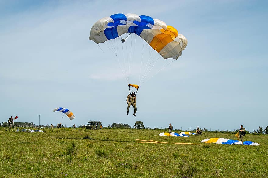 parachutisten, parachute, leger, extreme sporten, sport, vliegend, parachutespringen, mannen, paragliding, recreatieve achtervolging, avontuur